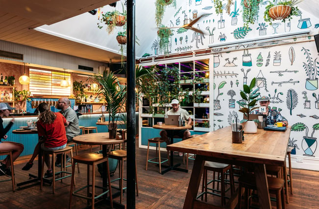 Customers dining inside a brightly decorated Queenstown cafe.