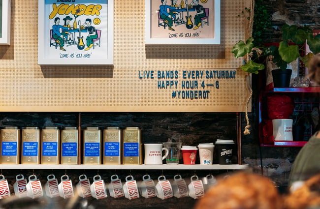 Tea and mugs behind the counter at Yonder.