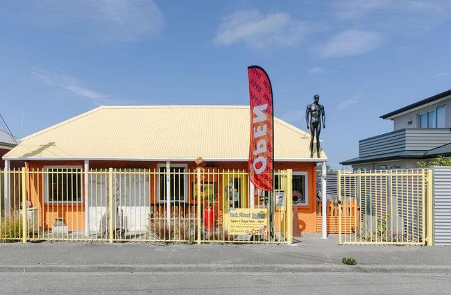 The exterior of the orange coloured York Street Gallery in Timaru.