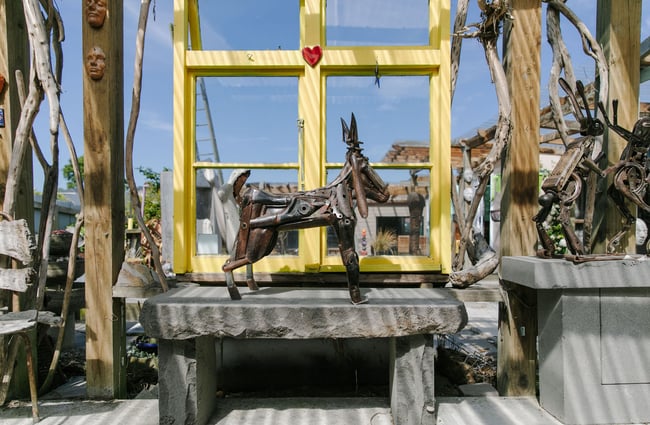 A sculptured dog made using scraps outside York Street Gallery in Timaru.