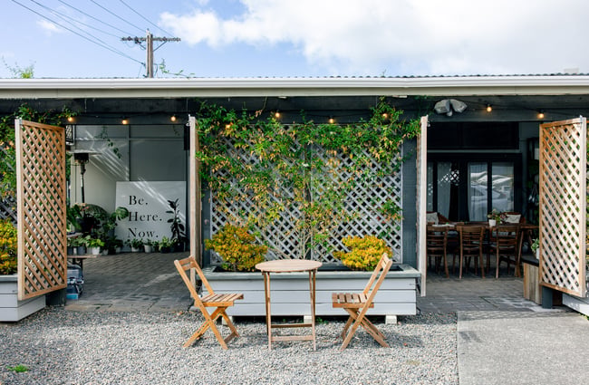 Outdoor seating at Hub Matakana.