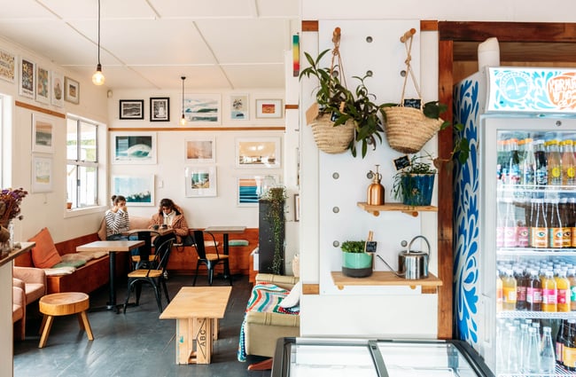 A bright and light cafe interior.