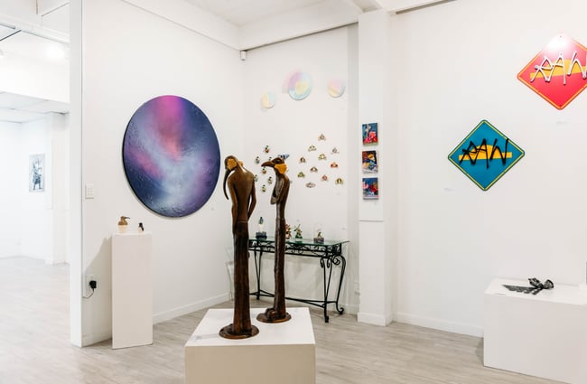 Assorted art on display in the exhibition space at Zimmerman Art Gallery.