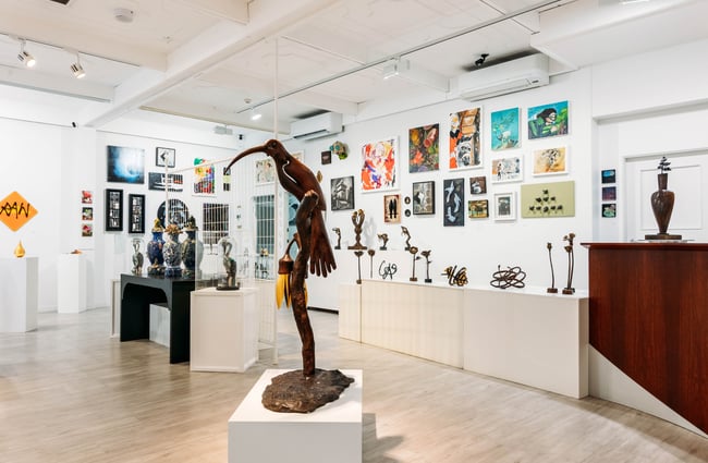 Sculptures and other artworks on display at Zimmerman Art Gallery.