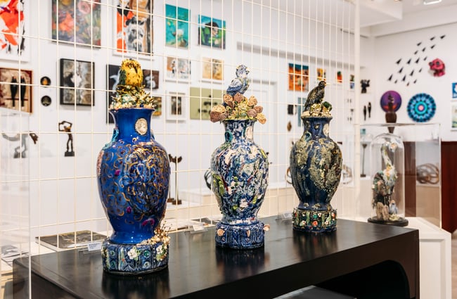 Colourful vases on display at Zimmerman Art Gallery.