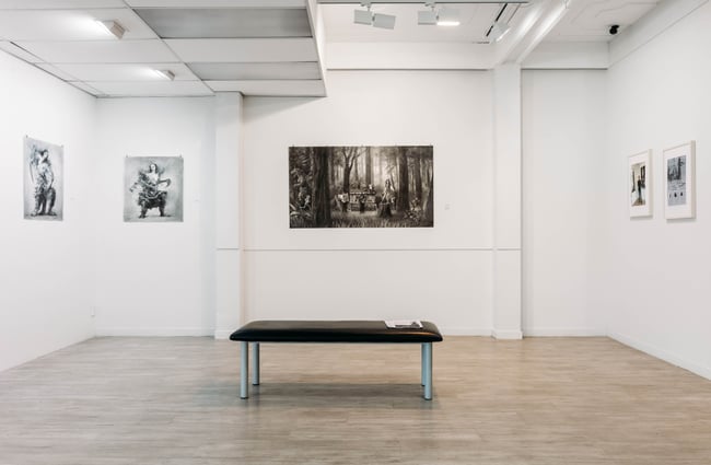 Monochromatic art inside Zimmerman Art Gallery.