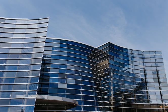 The curved glass facade of Christchurch Art Gallery.