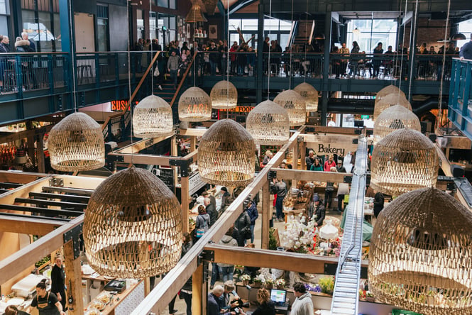 The interior view of Riverside Market from above.