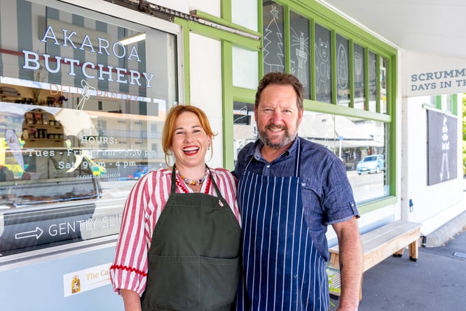 Portrait of Julia and T, owners of Akaroa Butchery & Deli