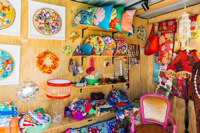 Pasifika artwork and items on shelves at Blue Bell Club, Porirua.
