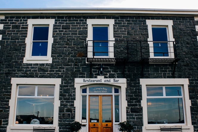 Stone exterior of the hotel.