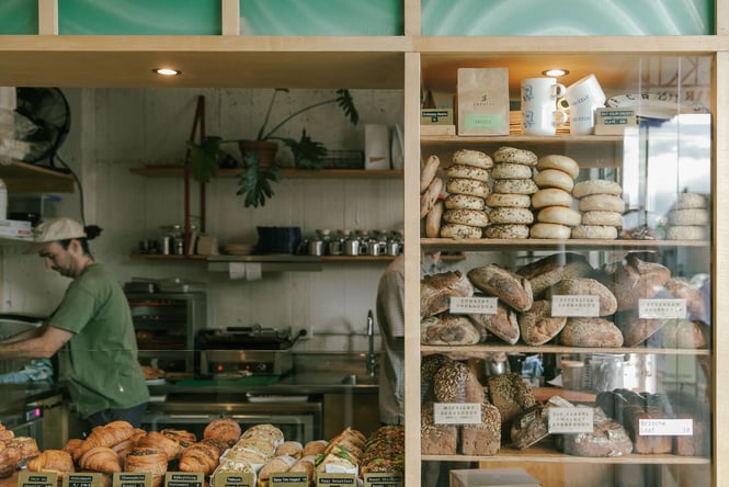 Bread, croissants and sandwiches behind glass at Grizzly Baked Goods in the Christchurch CBD.