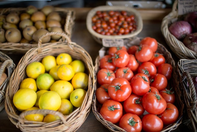 Close up of tomatoes and lemons at Harbour Co-op in Lyttelton.