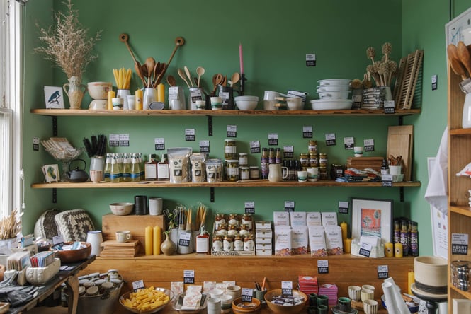 Display shelves full of pantry items at Henry Trading in Lyttelton