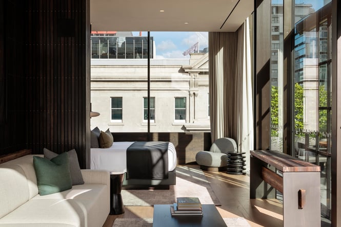 A view of a hotel room on a sunny day in Auckland.
