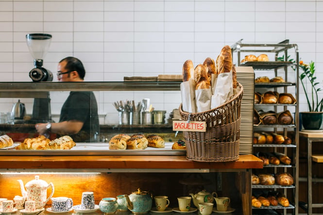 Close up of baguettes for sale at Mr T's Baked Goods and Eatery, Auckland.