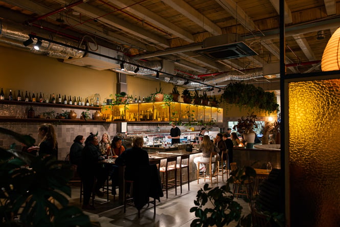 A wide view of the inside of the Odeon restaurant in Christchurch.