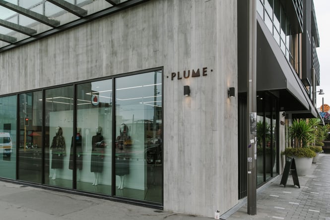 The exterior and entrance to the PLUME clothing store in Christchurch.
