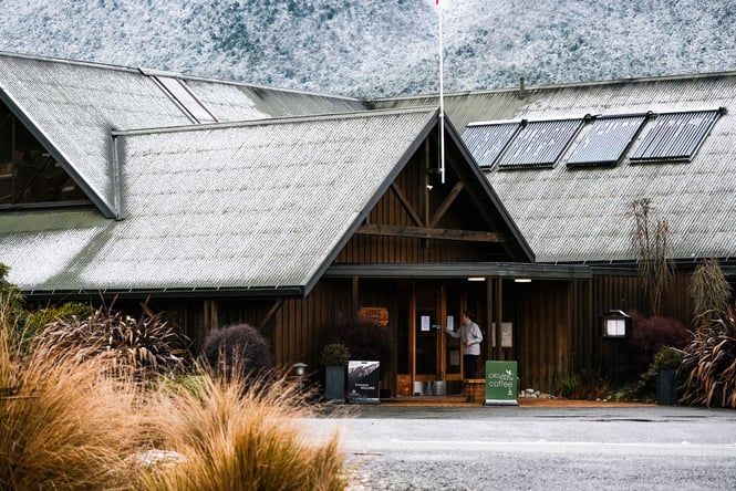 Alpine Lodge on a snowy day, the place to go after a day on Nelson's best ski field Rainbow.