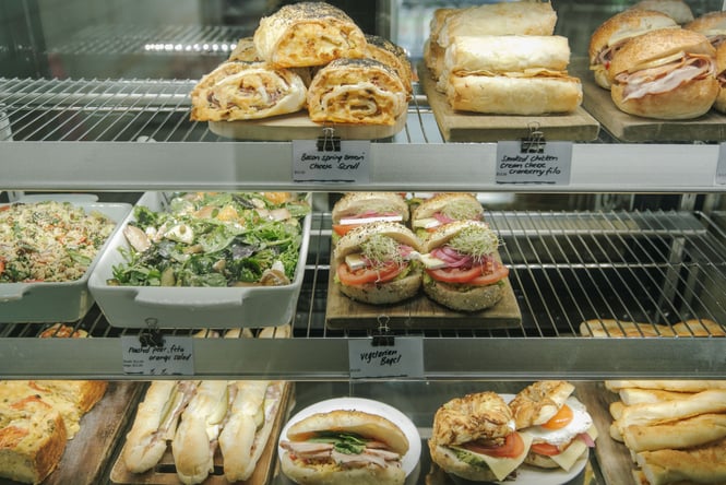 Filled sandwiches, bagels and pies in the cabinet of Switch New Brighton