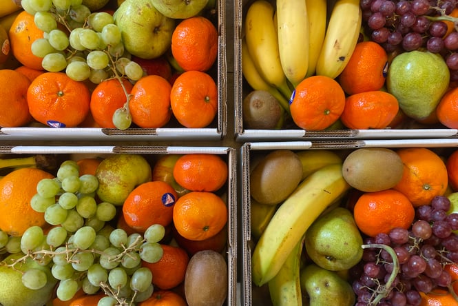 Assorted fruits packed in boxes at Freeway Orchard.