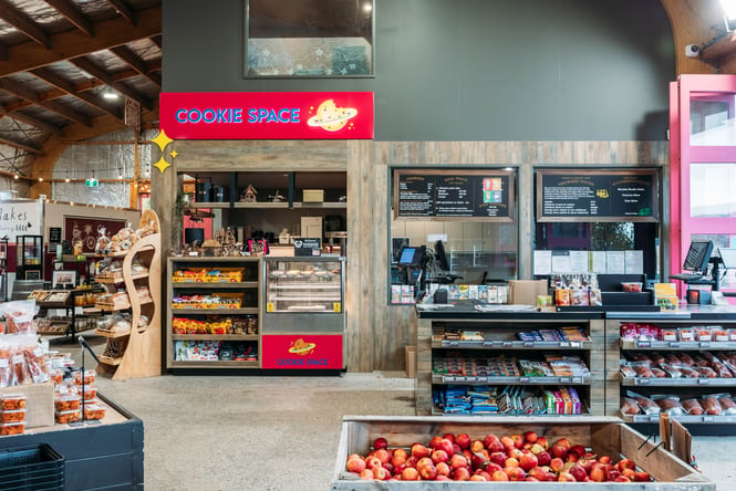 The front counter in the shop at Jackson Orchards and the Cookie Space stall.