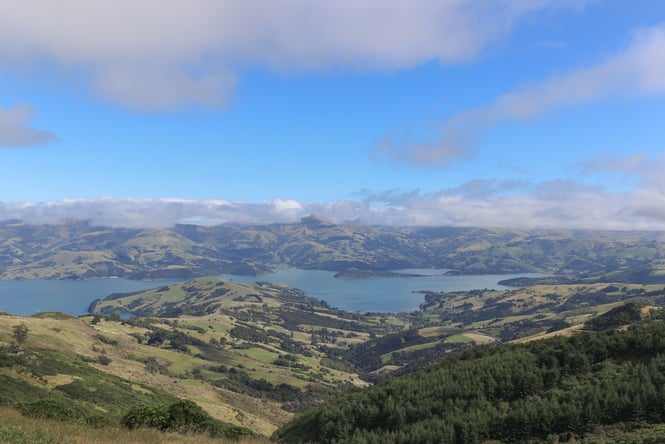 View of Banks Peninsula overlooking the water and rolling hills