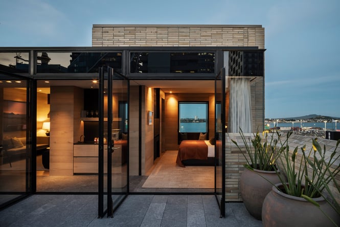 A look into a room on the top of the hotel at susnset.