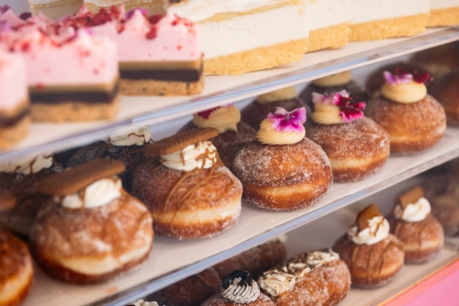 Colourful donuts on display.