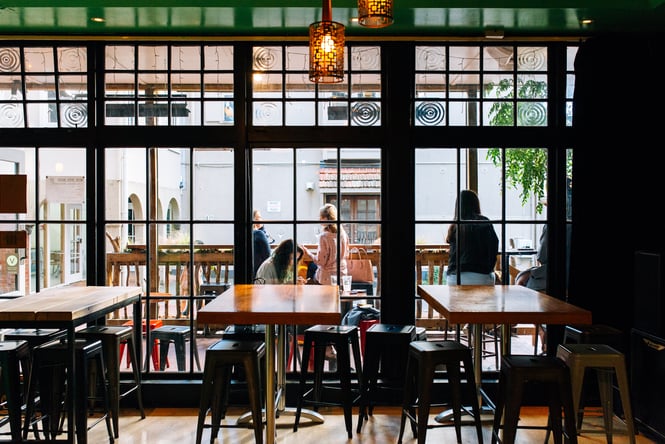 Large glass windows in Meow bar Wellington.