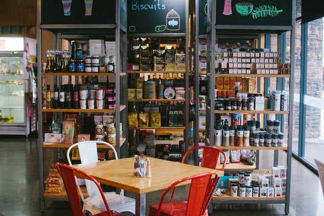 Tables and chairs at Somerset Grocer.