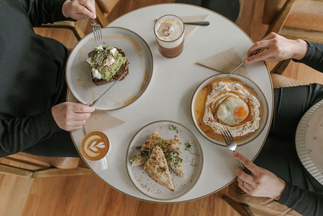 Flat lay of cafe table with coffees, avo on toast and turkish eggs