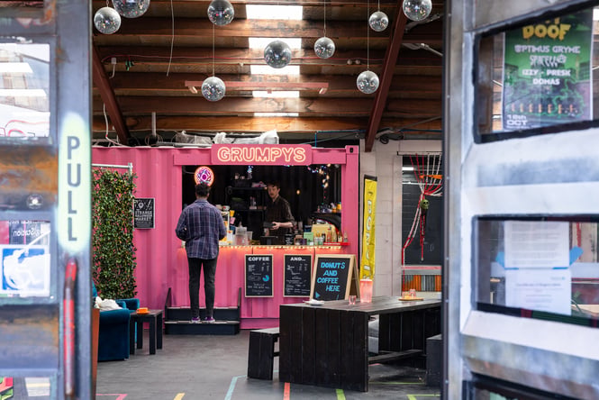 Grumpys pink container with disco balls overhead in the Sydenham Underpass in Christchurch