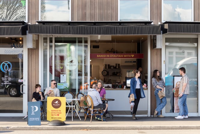 People gathered outside Bellbird Bakery on Holmwood Road