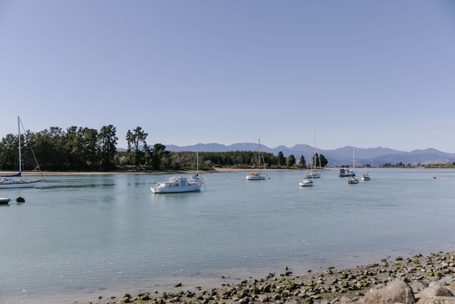 View of boats from Mapua Wharf in Tasman region.