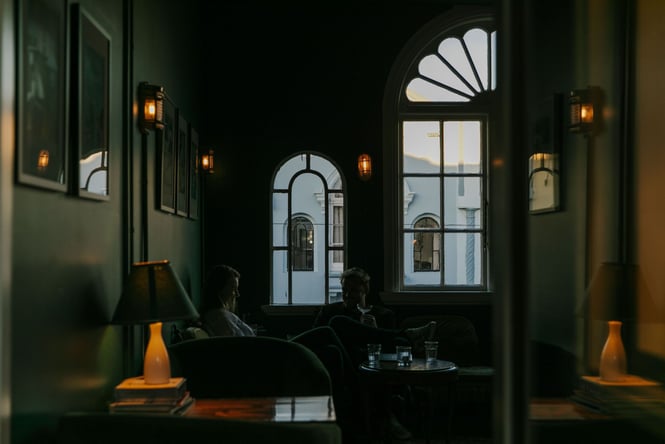 Looking through The Last Word out the big arched windows.