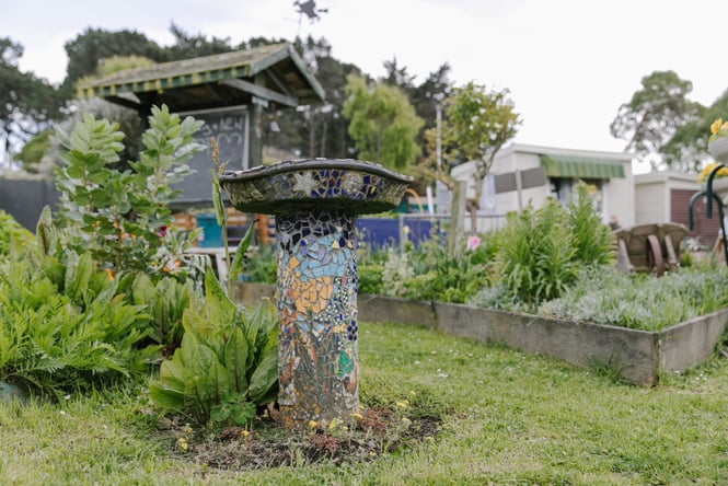 The mosaic bird bath at New Brighton Community gardens.