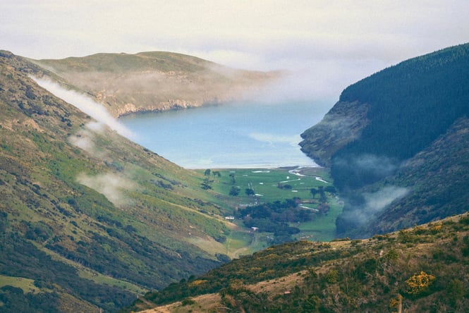 The Port Hills on a misty day.