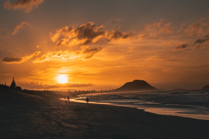 View of Mount Maunganui at sunset.