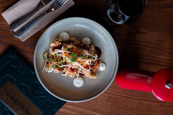 Flat lay of food dish on the table at Global Kitchen.