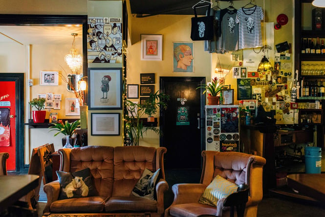 A busy looking bar interior.