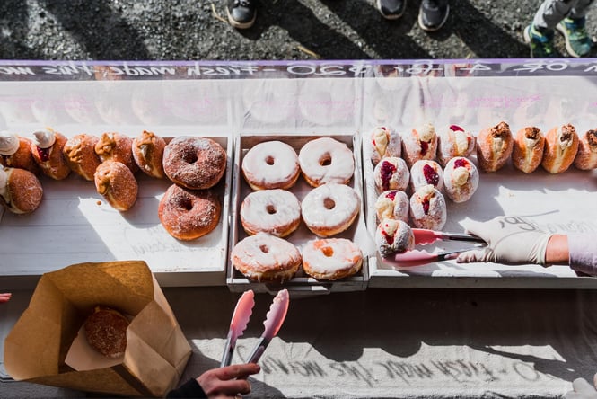 Aerial view of trays of dougnuts at Clevedon Market.
