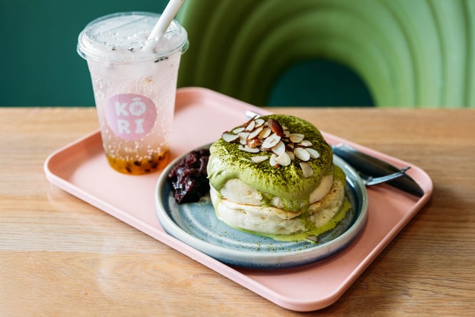 Matcha dessert and drink on the table at Kori Desserts