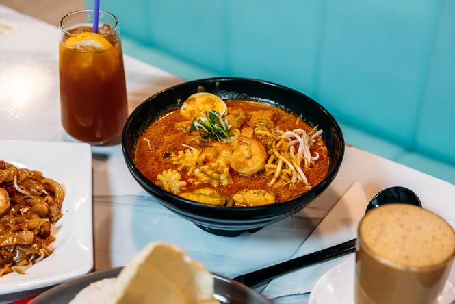 Bowl of noodles on the table at Penang Street Food.