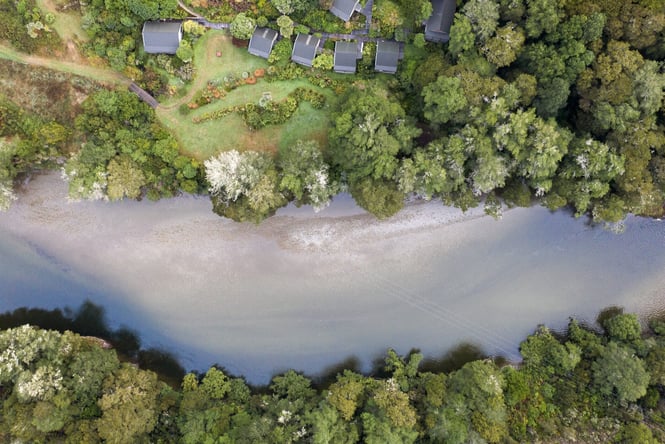 Birdseye view of the Maruia River Retreat.