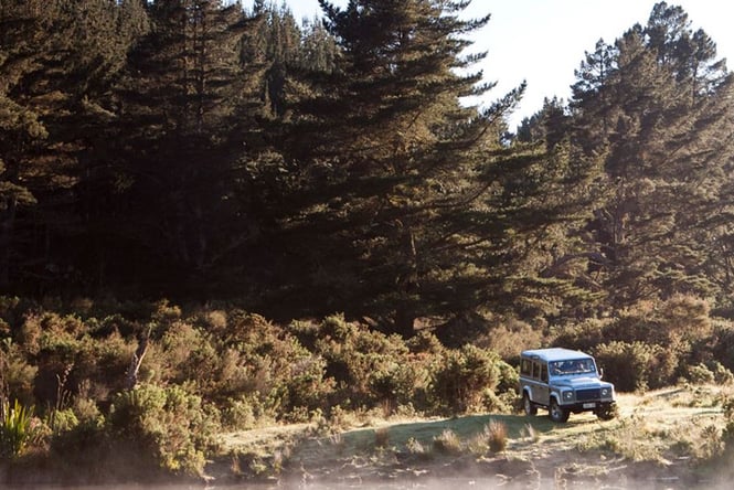 4x4 driving the estate at Treetops Lodge surrounded by trees, Rotorua.