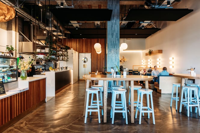 Seating area and cabinet area at Sentinel Cafe.