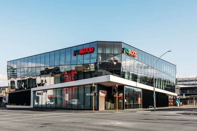 Glass building exterior of Waikato Donor Centre.