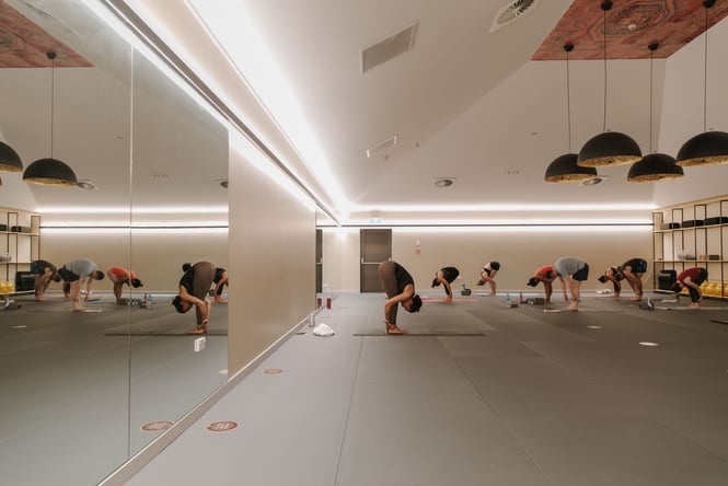 People doing yoga.