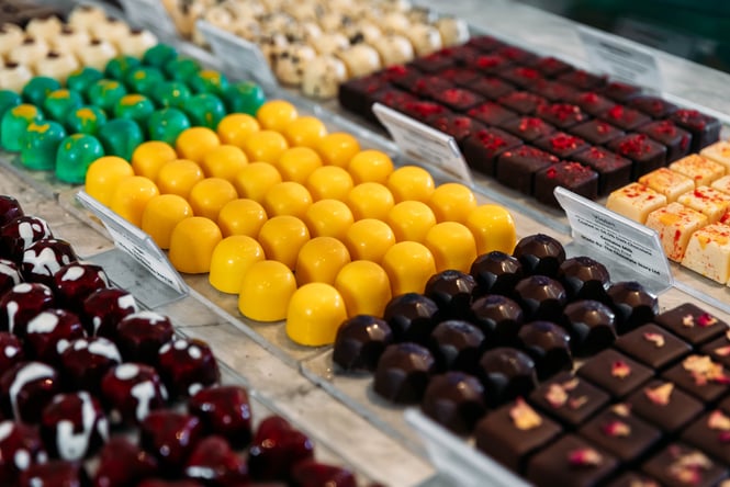 Row of chocolates at The Chocolate Story.